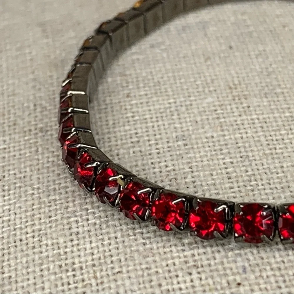 Vintage Silver Red Stretch Tennis Bracelet Formal Glam Goth Ruby Crystal